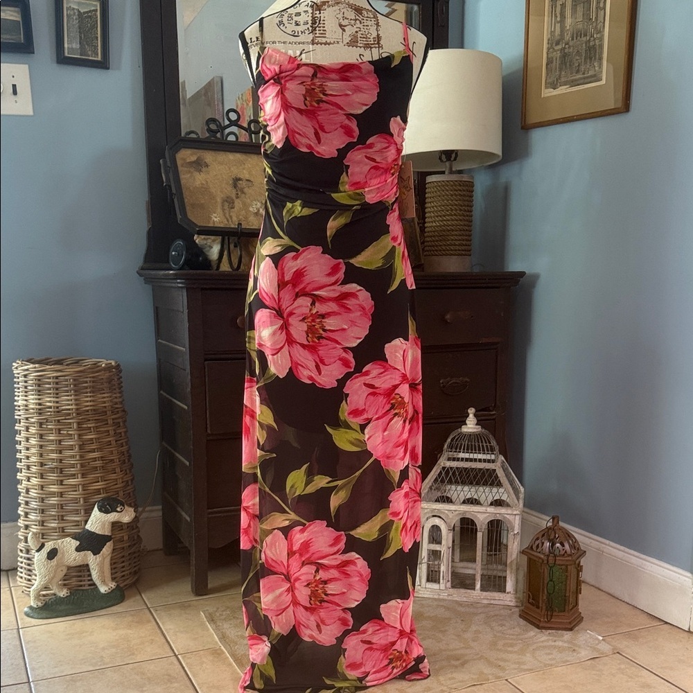 Persaya Black and Pink Floral Print Adjustable Strap Mesh Maxi Dress NWT - Picture 14 of 14